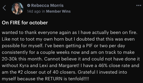 Rebecca — #2 closer out of 40, 46% close rate, on track for $20K–$30K this month
