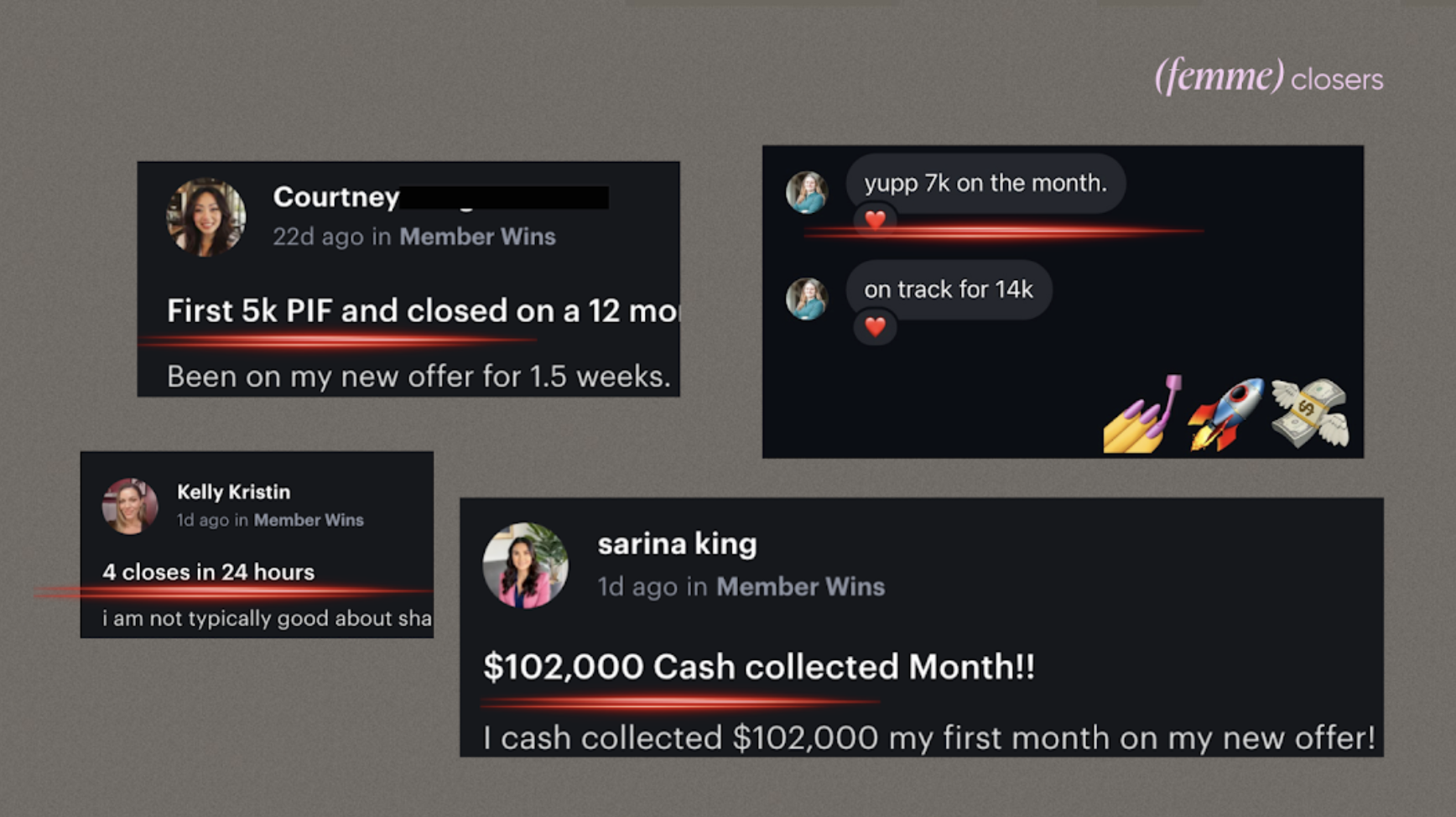 Member wins — Courtney, Kelly, Sarina $102K cash collected month