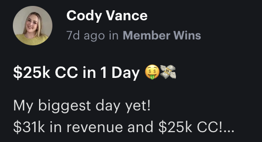 Cody — $25K cash collected in 1 day, $31K in revenue