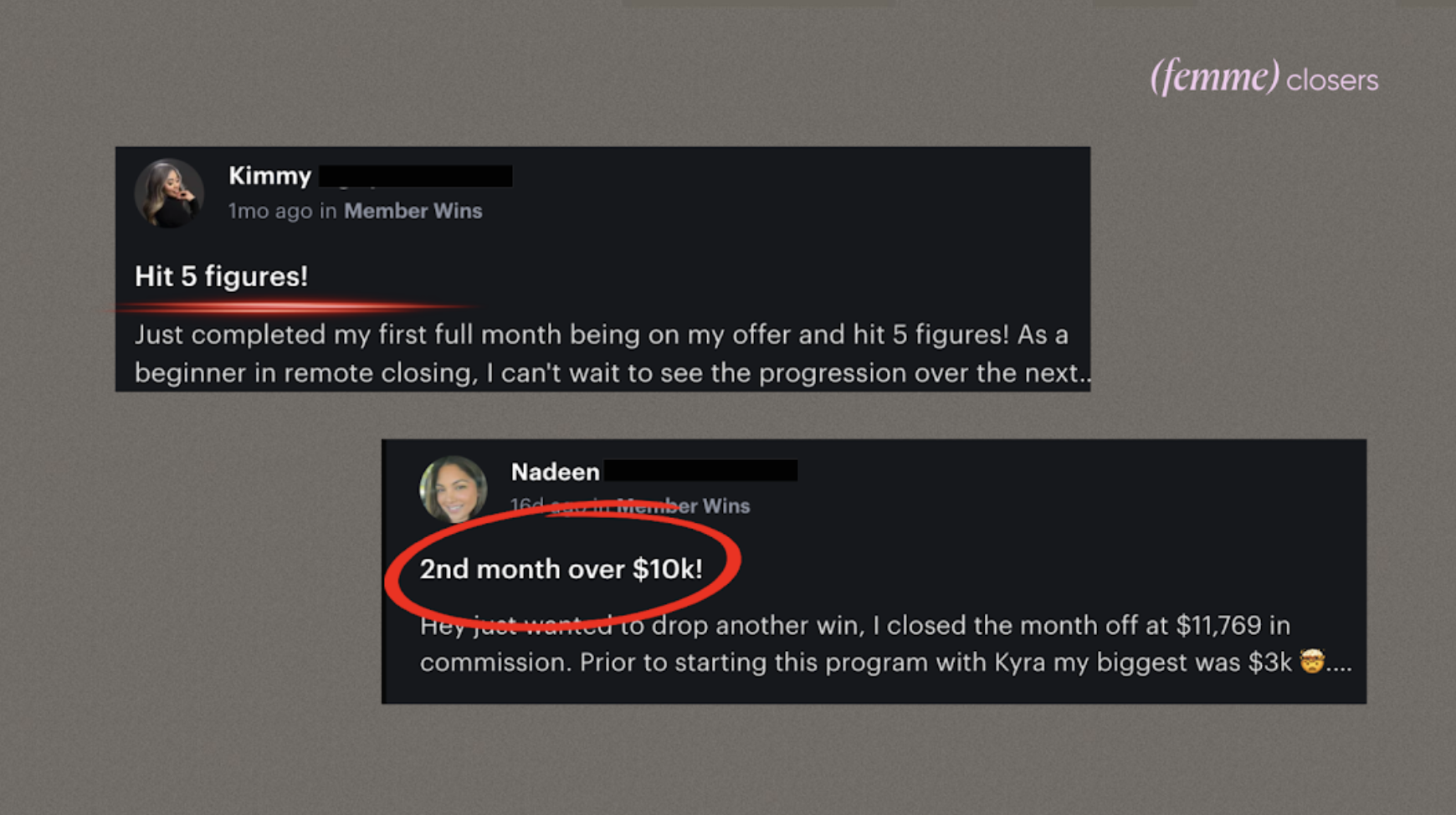 Member wins — Kimmy hit 5 figures, Nadeen 2nd month over $10K