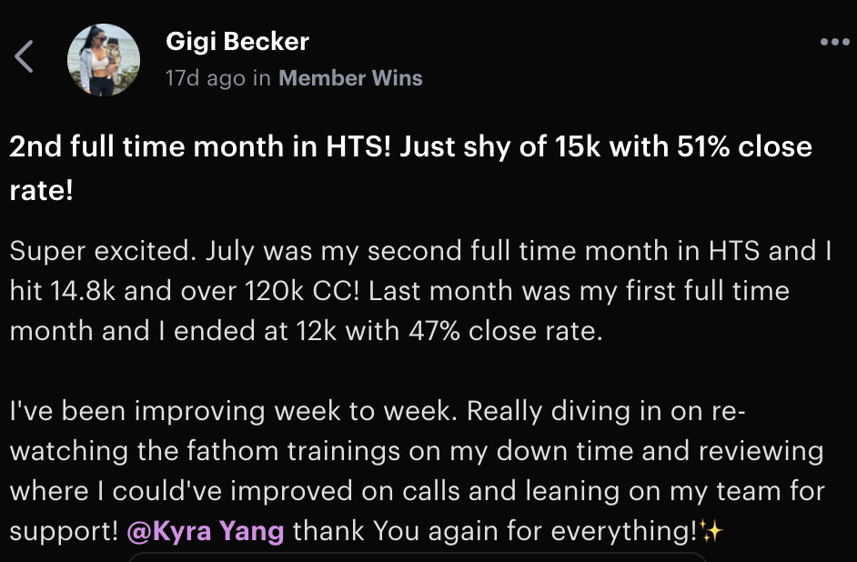 Gigi — Just shy of $15K with 51% close rate