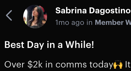 Sabrina — Over $2K in comms in one day