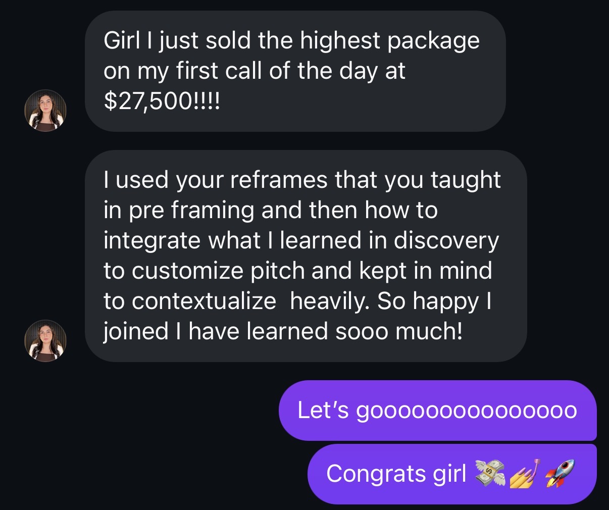 Sarina — $27,500 biggest sale — $2,750 comms on a single call