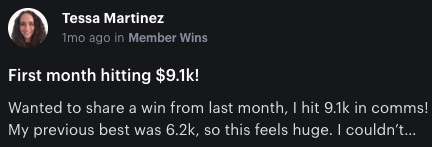 Tessa — First month hitting $9.1K in comms