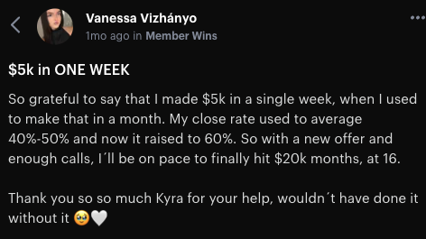 Vanessa — $5K in a single week — close rate up to 60%